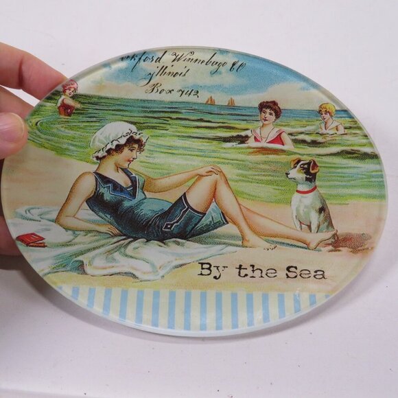 Vintage inspired soap plate & Shea Butter Soap By the Sea women & puppy dog - Picture 2 of 13